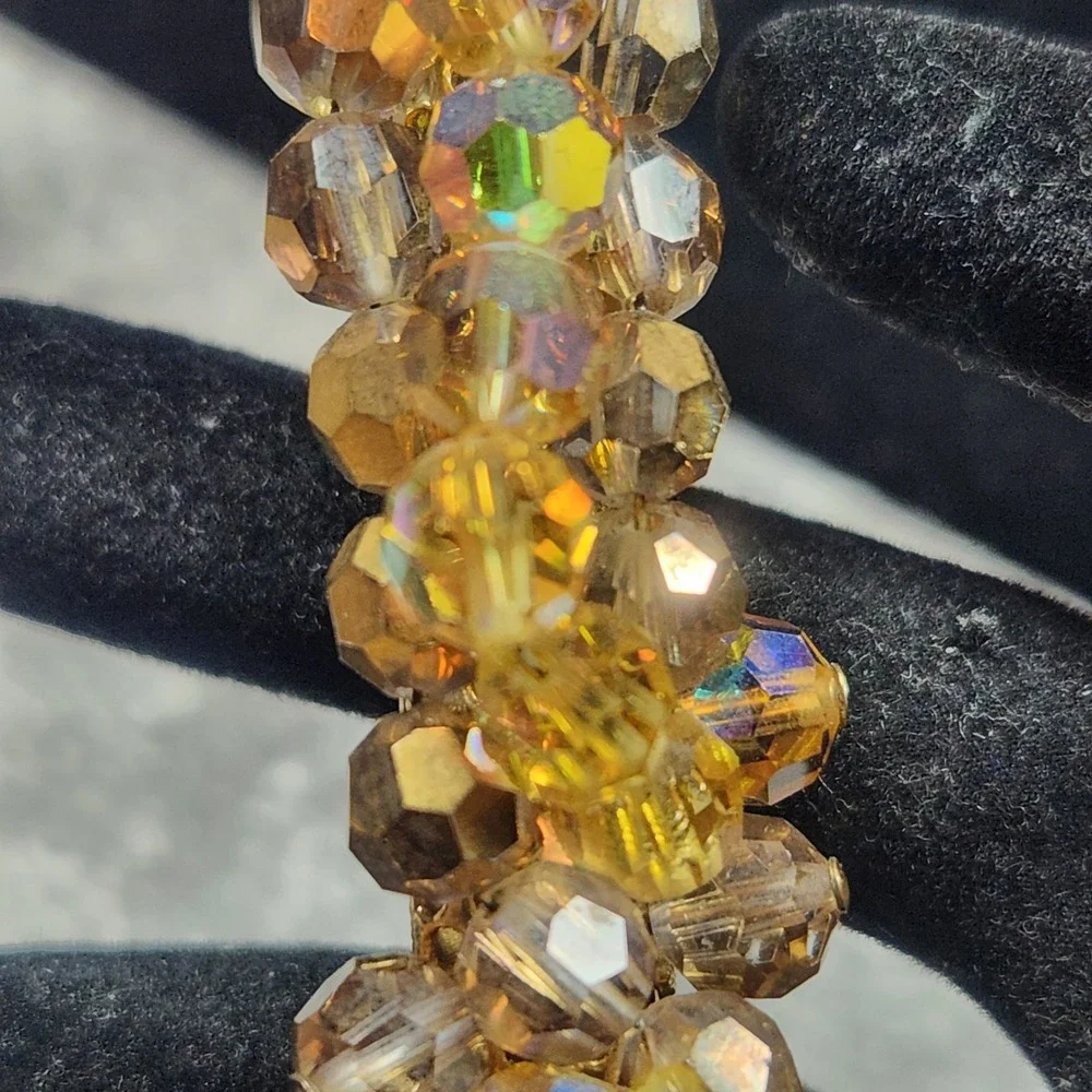 Vintage Amber AB Crystal Bead Bar Brooch Gold Tone Iridescent Cluster Pin
